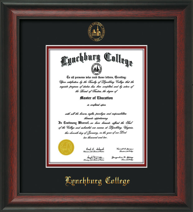 Image of Lynchburg College Diploma Frame - Rosewood - w/Embossed LC Seal & Name - Black on Crimson mat