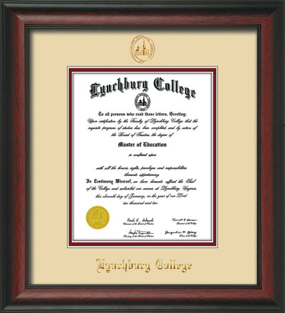 Image of Lynchburg College Diploma Frame - Rosewood - w/Embossed LC Seal & Name - Cream on Crimson mat