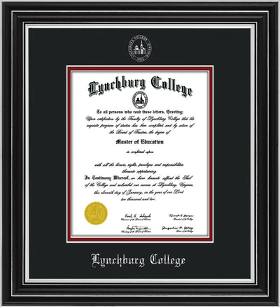 Image of Lynchburg College Diploma Frame - Satin Silver - w/Embossed LC Seal & Name - Silver Embossing - Black on Crimson mat