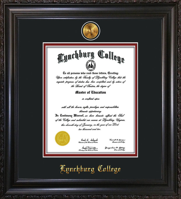 Image of Lynchburg College Diploma Frame - Vintage Black Scoop - w/24k Gold Plated Medallion LC Name Embossing - Black on Crimson Mat