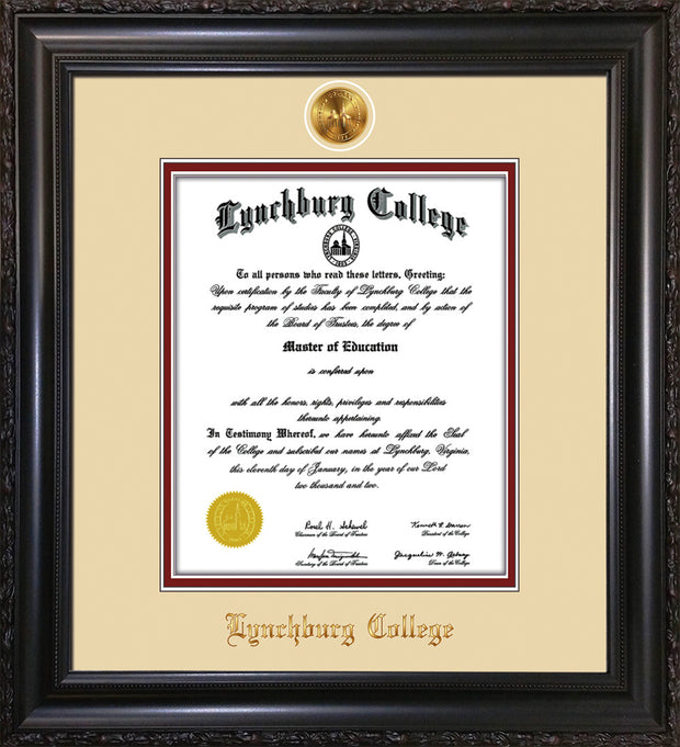 Image of Lynchburg College Diploma Frame - Vintage Black Scoop - w/24k Gold Plated Medallion LC Name Embossing - Cream on Crimson Mat