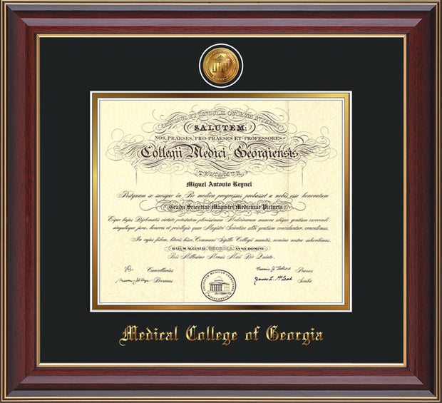 Image of Medical College of Georgia Diploma Frame - Cherry Lacquer - w/24k Gold-Plated Medallion - Black on Gold mat