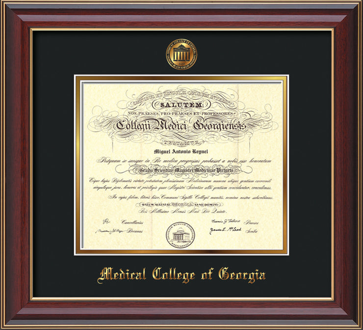 Image of Medical College of Georgia Diploma Frame - Cherry Lacquer - w/Embossed MCG Seal & Name - Black on Gold mat