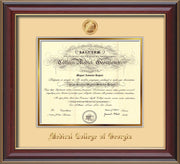 Image of Medical College of Georgia Diploma Frame - Cherry Lacquer - w/Embossed MCG Seal & Name - Cream on Gold mat