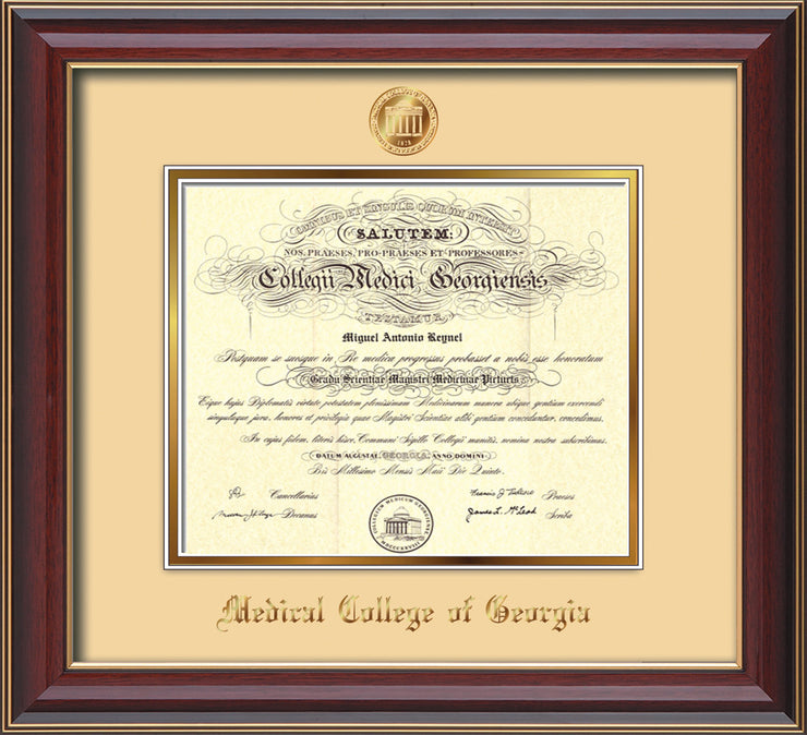 Image of Medical College of Georgia Diploma Frame - Cherry Lacquer - w/Embossed MCG Seal & Name - Cream on Gold mat