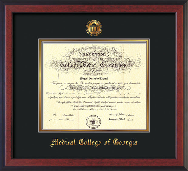 Image of Medical College of Georgia Diploma Frame - Cherry Reverse - w/Embossed MCG Seal & Name - Black on Gold mat