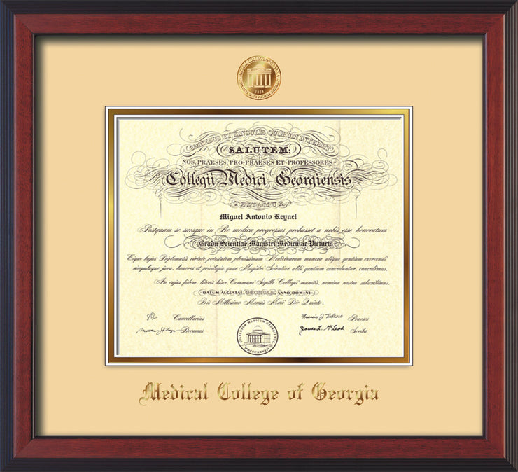 Image of Medical College of Georgia Diploma Frame - Cherry Reverse - w/Embossed MCG Seal & Name - Cream on Gold mat