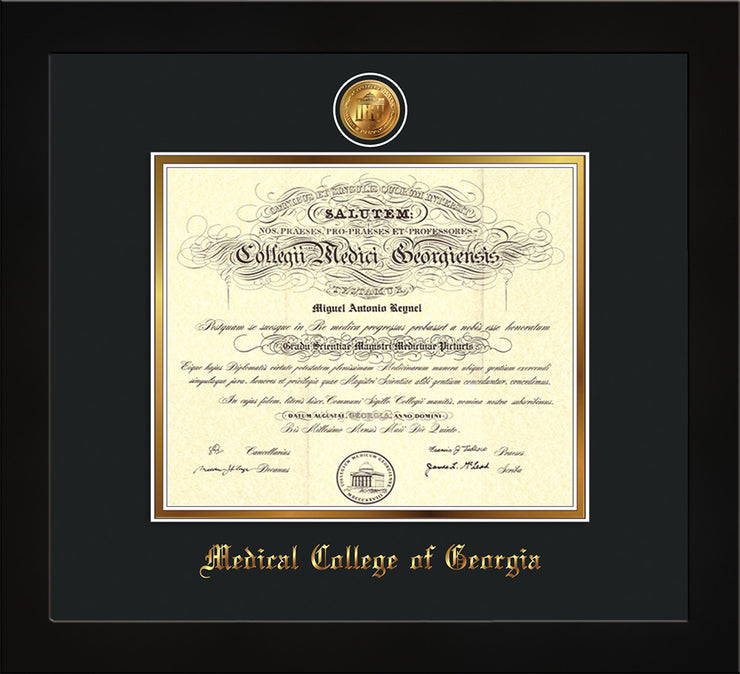 Image of Medical College of Georgia Diploma Frame - Flat Matte Black - w/24k Gold-Plated Medallion - Black on Gold mat