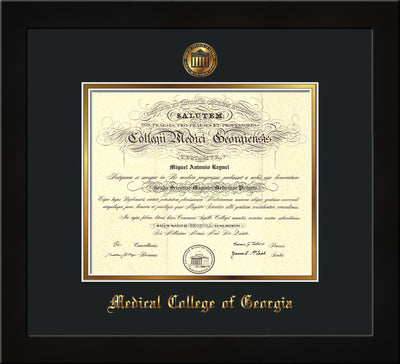Image of Medical College of Georgia Diploma Frame - Flat Matte Black - w/Embossed MCG Seal & Name - Black on Gold mat