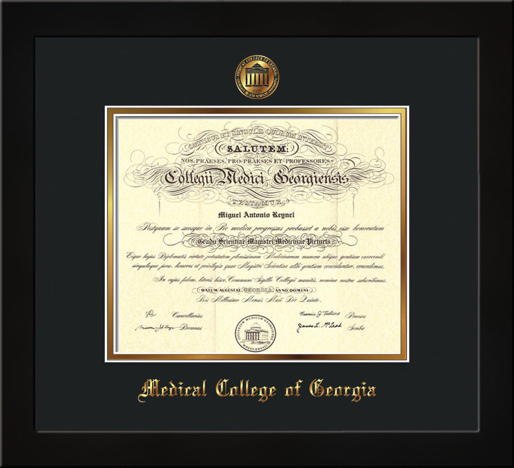 Image of Medical College of Georgia Diploma Frame - Flat Matte Black - w/Embossed MCG Seal & Name - Black on Gold mat