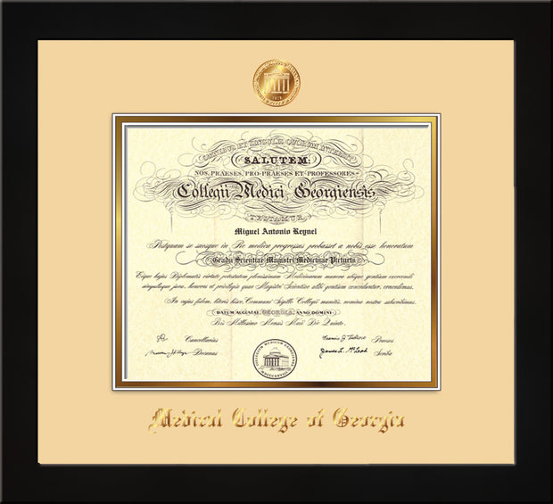 Image of Medical College of Georgia Diploma Frame - Flat Matte Black - w/Embossed MCG Seal & Name - Cream on Gold mat