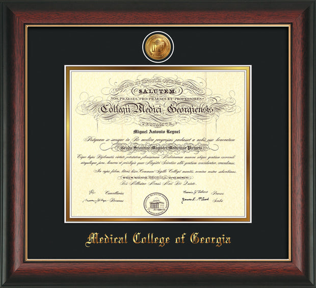 Image of Medical College of Georgia Diploma Frame - Rosewood w/Gold Lip - w/24k Gold-Plated Medallion - Black on Gold mat