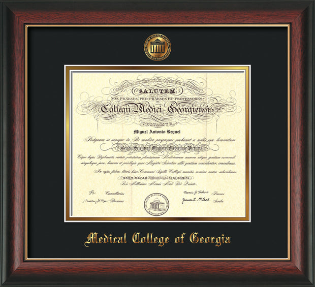 Image of Medical College of Georgia Diploma Frame - Rosewood w/Gold Lip - w/Embossed MCG Seal & Name - Black on Gold mat