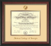 Image of Medical College of Georgia Diploma Frame - Rosewood w/Gold Lip - w/Embossed MCG Seal & Name - Cream on Gold mat