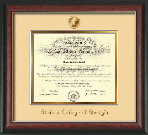 Image of Medical College of Georgia Diploma Frame - Rosewood w/Gold Lip - w/Embossed MCG Seal & Name - Cream on Gold mat