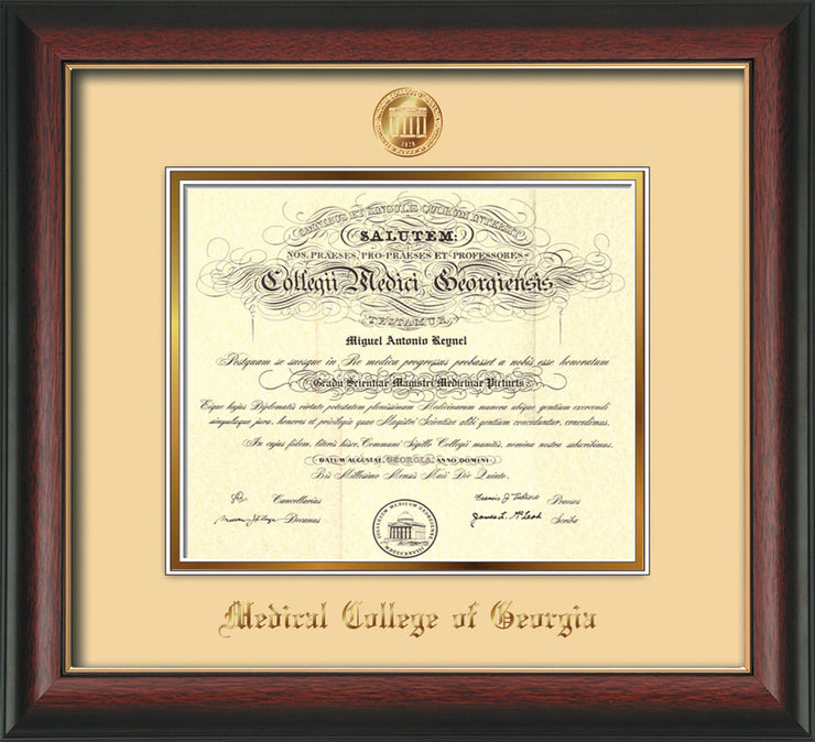Image of Medical College of Georgia Diploma Frame - Rosewood w/Gold Lip - w/Embossed MCG Seal & Name - Cream on Gold mat