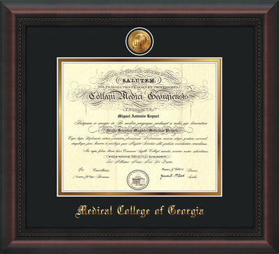 Image of Medical College of Georgia Diploma Frame - Mahogany Braid - w/24k Gold-Plated Medallion - Black on Gold mat