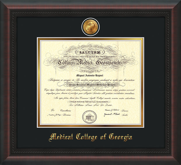 Image of Medical College of Georgia Diploma Frame - Mahogany Braid - w/24k Gold-Plated Medallion - Black on Gold mat