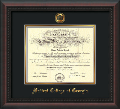 Image of Medical College of Georgia Diploma Frame - Mahogany Braid - w/Embossed MCG Seal & Name - Black on Gold mat