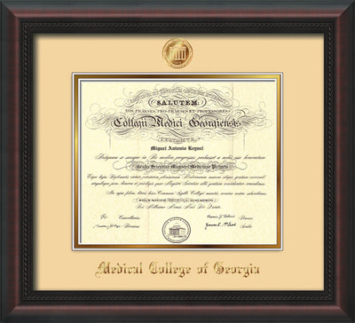 Image of Medical College of Georgia Diploma Frame - Mahogany Braid - w/Embossed MCG Seal & Name - Cream on Gold mat