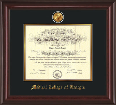 Image of Medical College of Georgia Diploma Frame - Mahogany Lacquer - w/24k Gold-Plated Medallion - Black on Gold mat
