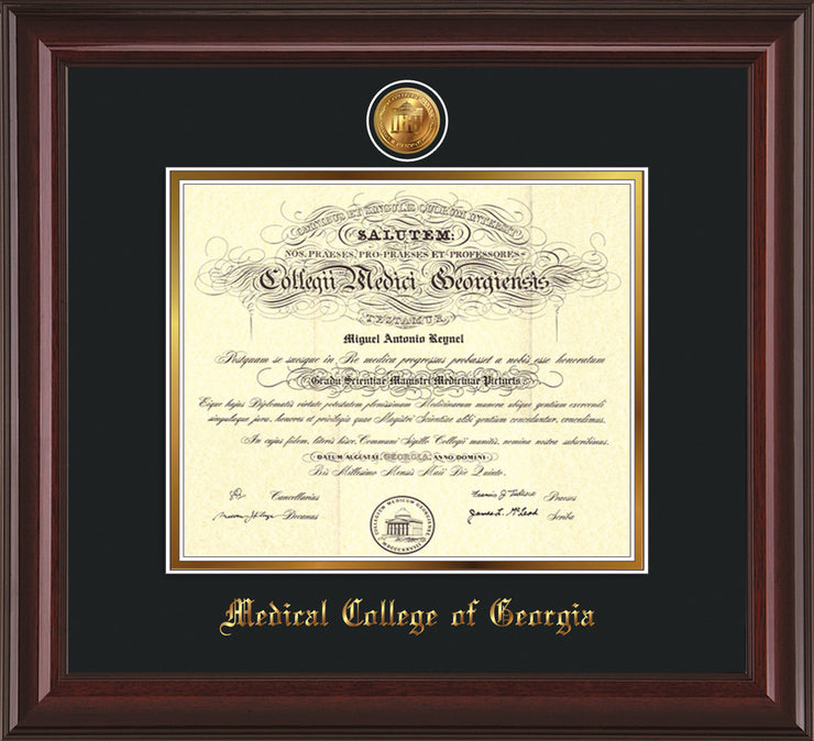 Image of Medical College of Georgia Diploma Frame - Mahogany Lacquer - w/24k Gold-Plated Medallion - Black on Gold mat