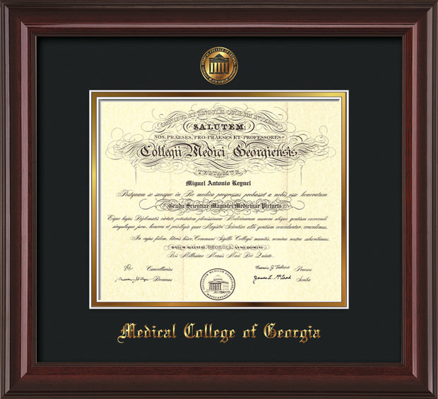 Image of Medical College of Georgia Diploma Frame - Mahogany Lacquer - w/Embossed MCG Seal & Name - Black on Gold mat
