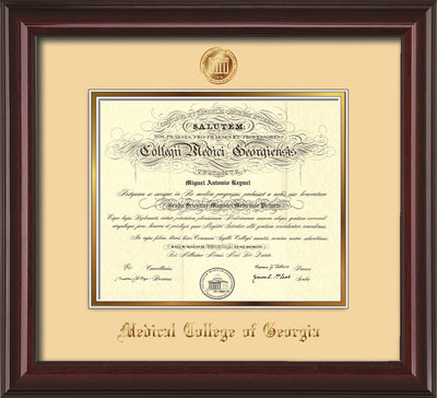 Image of Medical College of Georgia Diploma Frame - Mahogany Lacquer - w/Embossed MCG Seal & Name - Cream on Gold mat