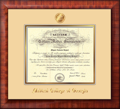 Image of Medical College of Georgia Diploma Frame - Mezzo Gloss - w/Embossed MCG Seal & Name - Cream on Gold mat