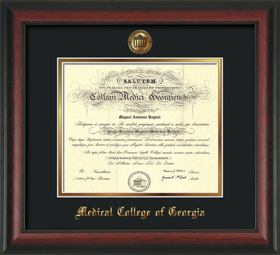 Image of Medical College of Georgia Diploma Frame - Rosewood - w/Embossed MCG Seal & Name - Black on Gold mat