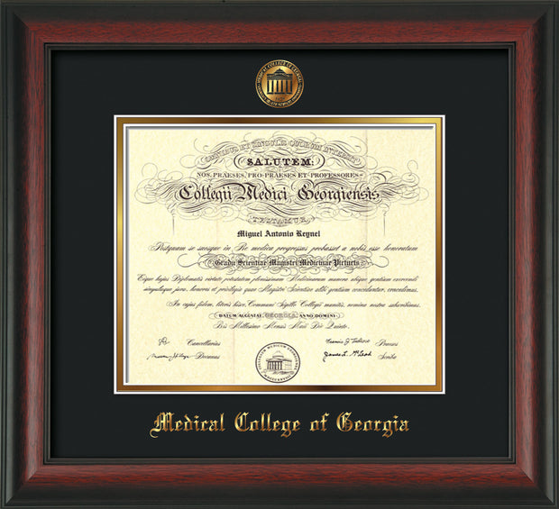 Image of Medical College of Georgia Diploma Frame - Rosewood - w/Embossed MCG Seal & Name - Black on Gold mat