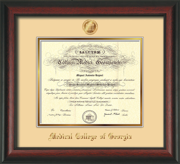 Image of Medical College of Georgia Diploma Frame - Rosewood - w/Embossed MCG Seal & Name - Cream on Gold mat