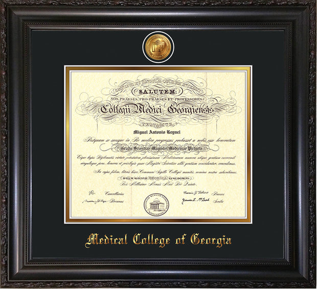 Image of Medical College of Georgia Diploma Frame - Vintage Black Scoop - w/24k Gold-Plated Medallion - Black on Gold mat