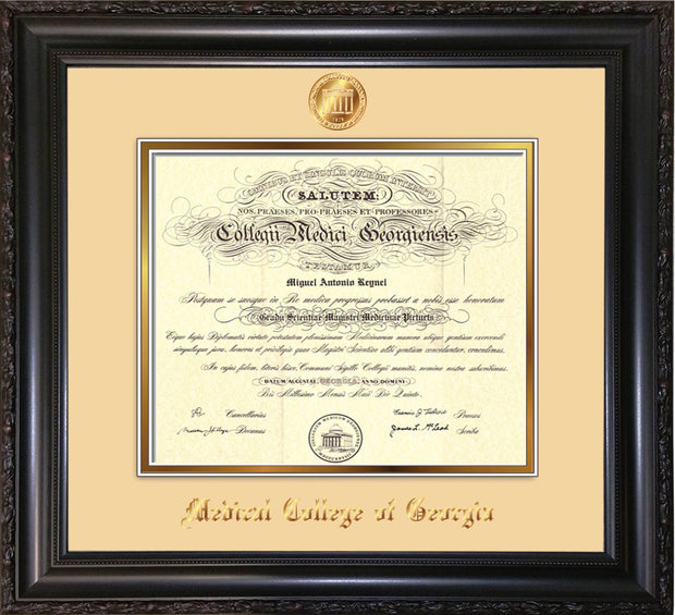 Image of Medical College of Georgia Diploma Frame - Vintage Black Scoop - w/Embossed MCG Seal & Name - Cream on Gold mat