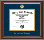 Image of Murray State University Diploma Frame - Cherry Lacquer - w/24k Gold-Plated Medallion & Murray Name Embossing - Navy Suede on Gold mats