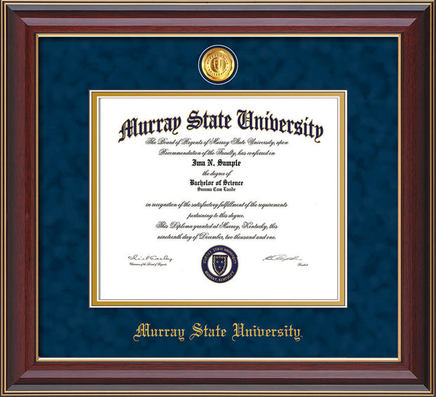 Image of Murray State University Diploma Frame - Cherry Lacquer - w/24k Gold-Plated Medallion & Murray Name Embossing - Navy Suede on Gold mats