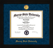 Image of Murray State University Diploma Frame - Flat Matte Black - w/24k Gold-Plated Medallion & Murray Name Embossing - Navy Suede on Gold mats
