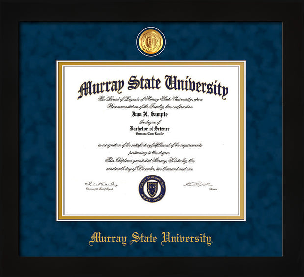 Image of Murray State University Diploma Frame - Flat Matte Black - w/24k Gold-Plated Medallion & Murray Name Embossing - Navy Suede on Gold mats