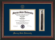 Image of Murray State University Diploma Frame - Rosewood w/Gold Lip - w/Murray Embossed Seal & Name - Tassel Holder - Navy on Gold mat