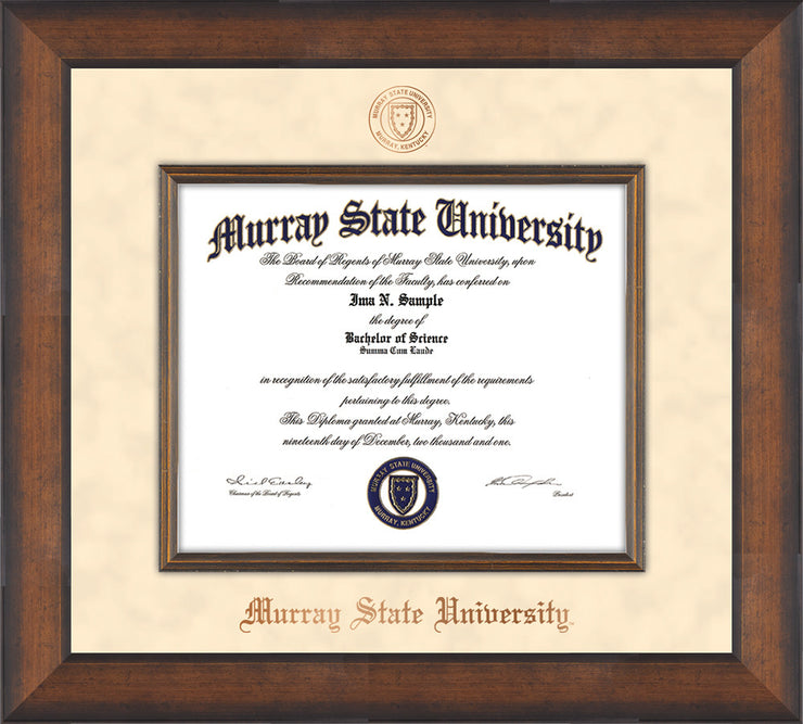 Image of Murray State University Diploma Frame - Metro Antique Bronze - w/ Fillet - w/Copper Embossed Murray Seal & School Name - Off White Suede