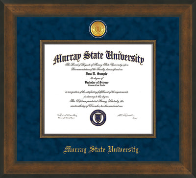 Image of Murray State University Diploma Frame - Metro Antique Gold Double - w/24k Gold Plated Medallion & Metro Gold Fillet - w/Murray Embossing - Navy Suede