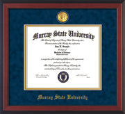 Image of Murray State University Diploma Frame - Cherry Reverse - w/24k Gold-Plated Medallion & Murray Name Embossing - Navy Suede on Gold mats