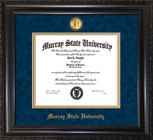 Image of Murray State University Diploma Frame - Vintage Black Scoop - w/24k Gold-Plated Medallion & Murray Name Embossing - Navy Suede on Gold mats
