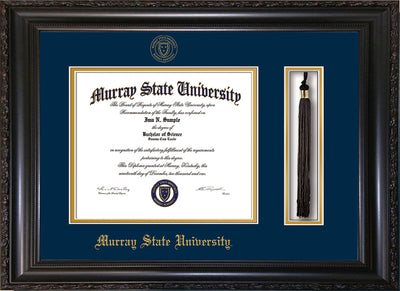 Image of Murray State University Diploma Frame - Vintage Black Scoop - w/Murray Embossed Seal & Name - Tassel Holder - Navy on Gold mat