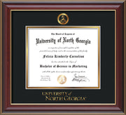 Image of University of North Georgia Diploma Frame - Cherry Lacquer - w/Embossed Military Seal & UNG Wordmark - Black on Gold mat