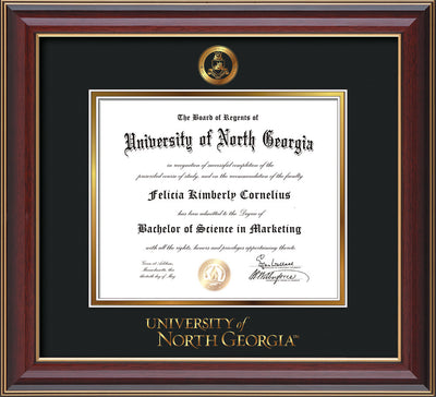 Image of University of North Georgia Diploma Frame - Cherry Lacquer - w/Embossed Military Seal & UNG Wordmark - Black on Gold mat