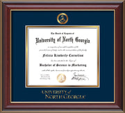 Image of University of North Georgia Diploma Frame - Cherry Lacquer - w/Embossed Military Seal & UNG Wordmark - Navy on Gold mat