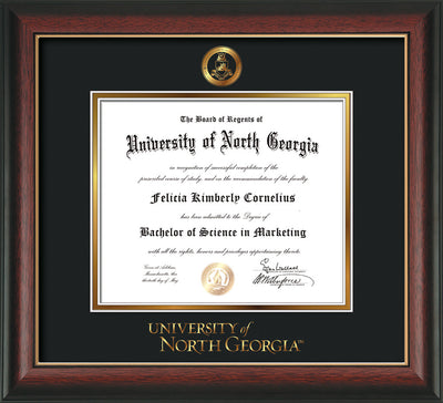 Image of University of North Georgia Diploma Frame - Rosewood w/Gold Lip - w/Embossed Military Seal & UNG Wordmark - Black on Gold mat