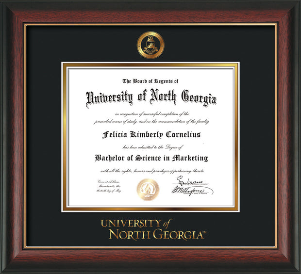 Image of University of North Georgia Diploma Frame - Rosewood w/Gold Lip - w/Embossed Military Seal & UNG Wordmark - Black on Gold mat