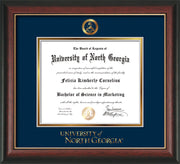 Image of University of North Georgia Diploma Frame - Rosewood w/Gold Lip - w/Embossed Military Seal & UNG Wordmark - Navy on Gold mat